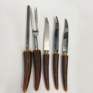 Vintage Regent Sheffield Steak Knives Fork Carving Antler Handle Stainless